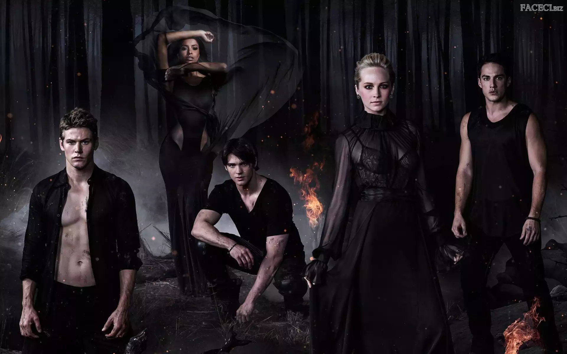 Candice Accola, Bohaterowie, Michael Trevino, Pamiętniki wampirów, Las, Ogień, Steven R McQueen, The Vampire Diaries, Noc